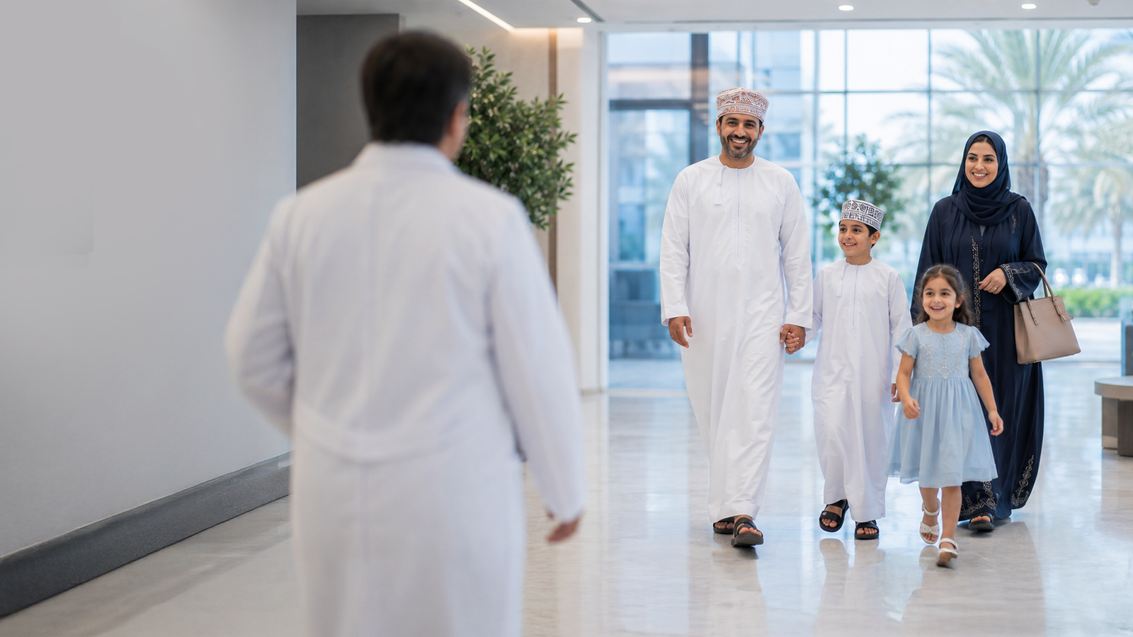 A bright hospital corridor at Muscat Private Hospital